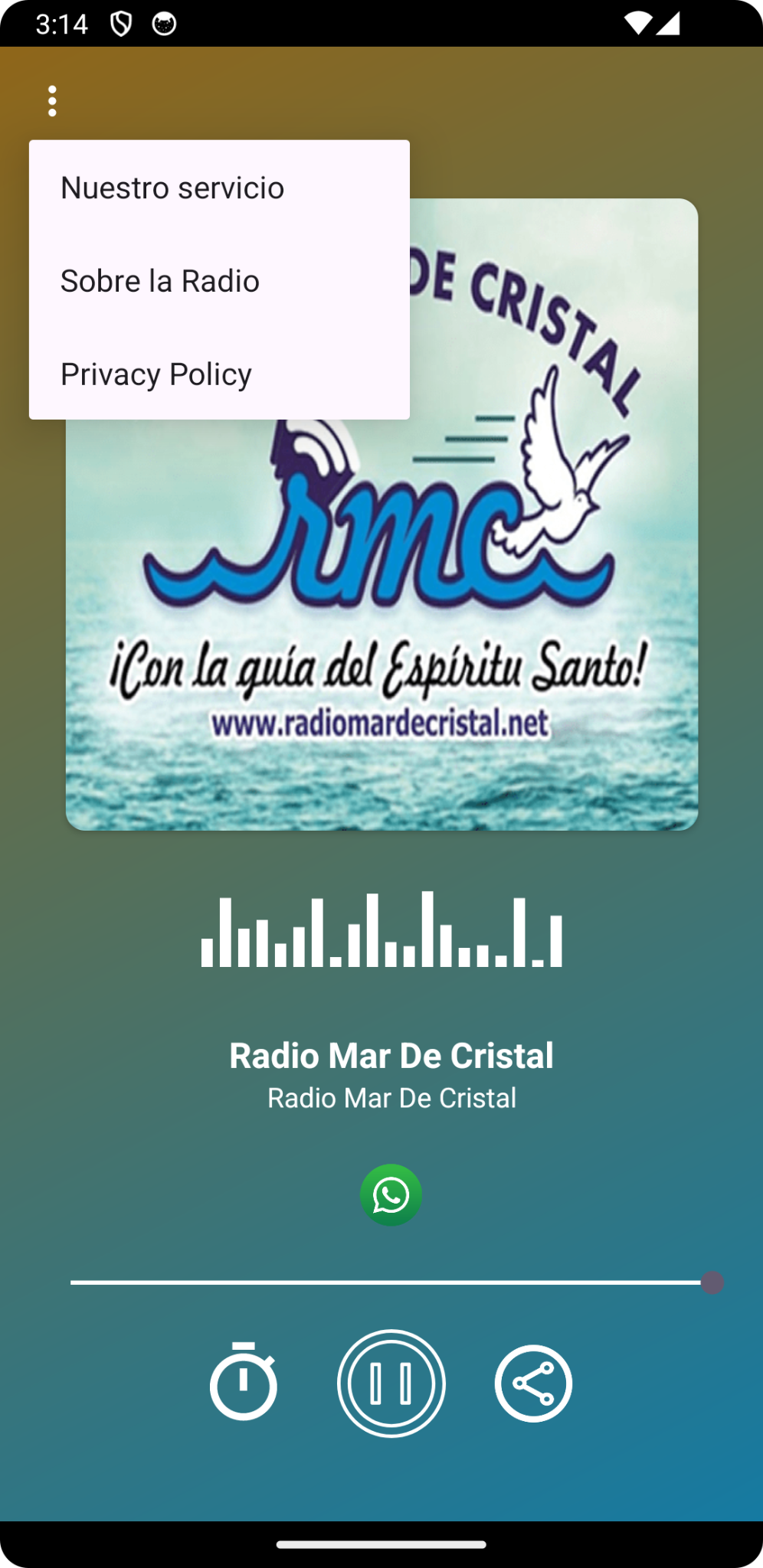 Menú de la aplicación Radio Mar de Cristal